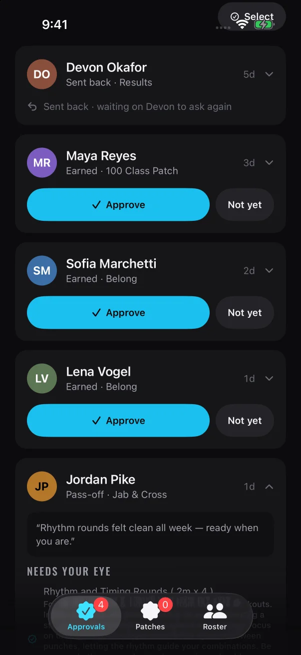 A sign-off request shows the member's note and, under "Needs your eye", every skill your approval covers.