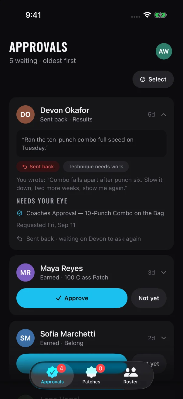 A sign-off request that was sent back shows the reasons and the coach's note, and has no buttons.