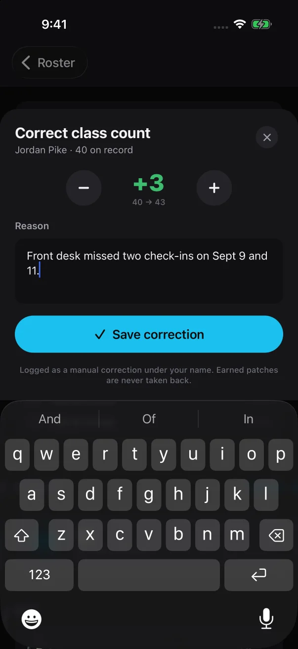 The sheet shows the change, the new total and your reason before you save.
