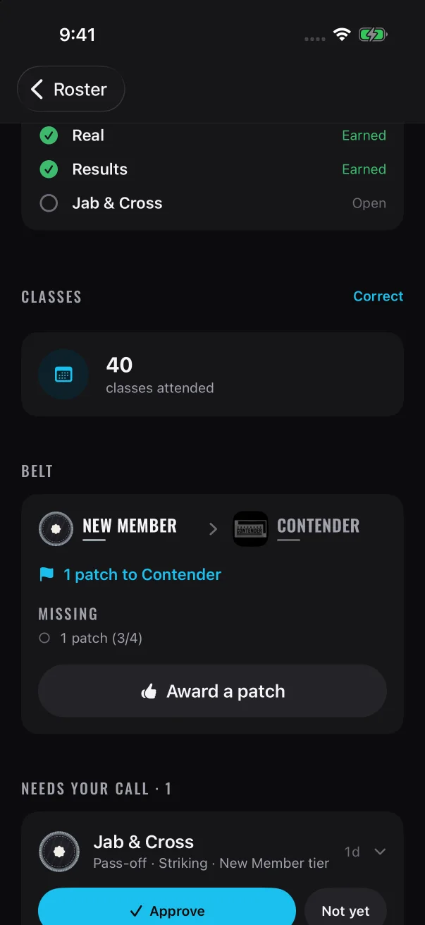 The line under the belts says what's left, and "Missing" lists each gap.