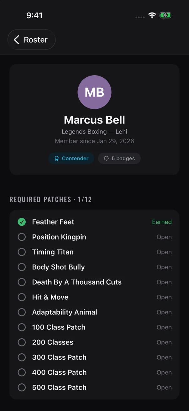 A member's page opens with the same belt and badge count as their roster card, and a back button at the top left.