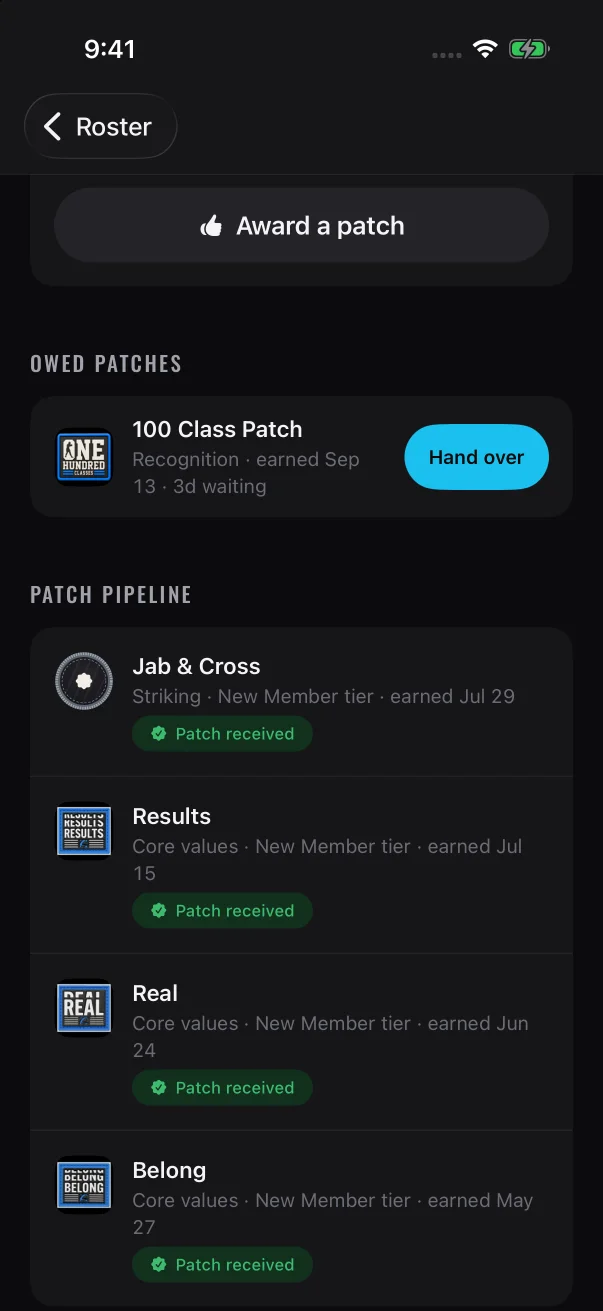 On a member's page, each patch under "Owed patches" has its own Hand over button.