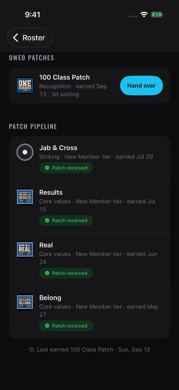 "Patch pipeline" lists patches already handed over, plus any that were sent back. A green "Patch received" means the member has confirmed it.