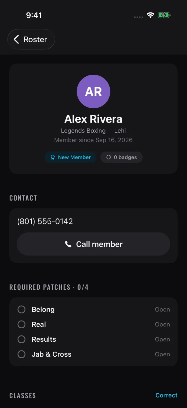 When a phone number is on file, "Contact" shows it with a Call member button.
