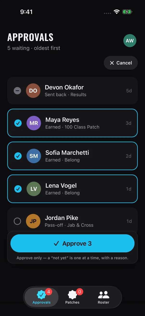 In Select mode each card is a tick box: ticked, empty, or grayed out when it was sent back and can't be approved.