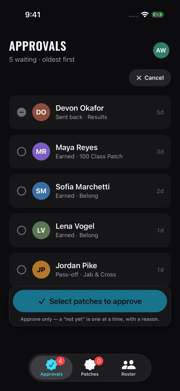 Until you tick a card, the button at the bottom reads "Select patches to approve".