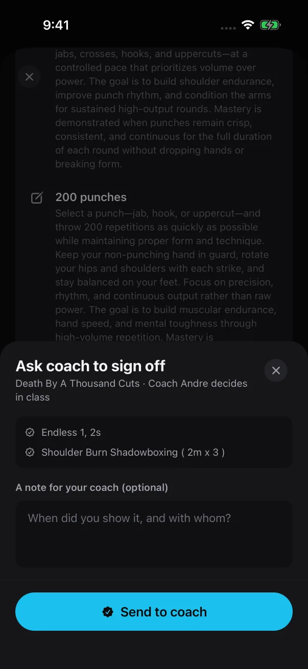 The sheet lists every coach-checked requirement the request covers, above an optional note.