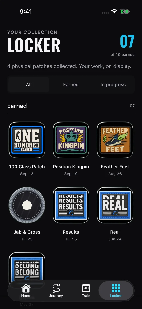 The count at the top right shows badges earned, and the line under the title counts physical patches the member has confirmed.