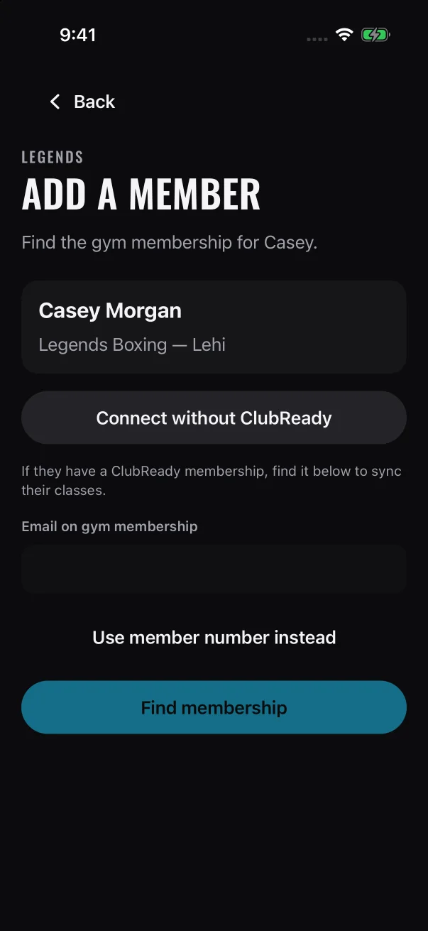 The card shows the member's name as it is in their app, with your gym underneath.