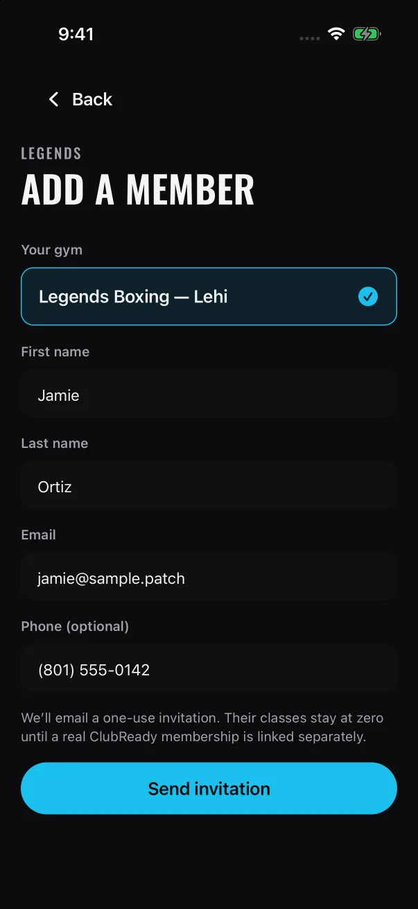 With the gym, the name and the email filled in, Send invitation turns on.