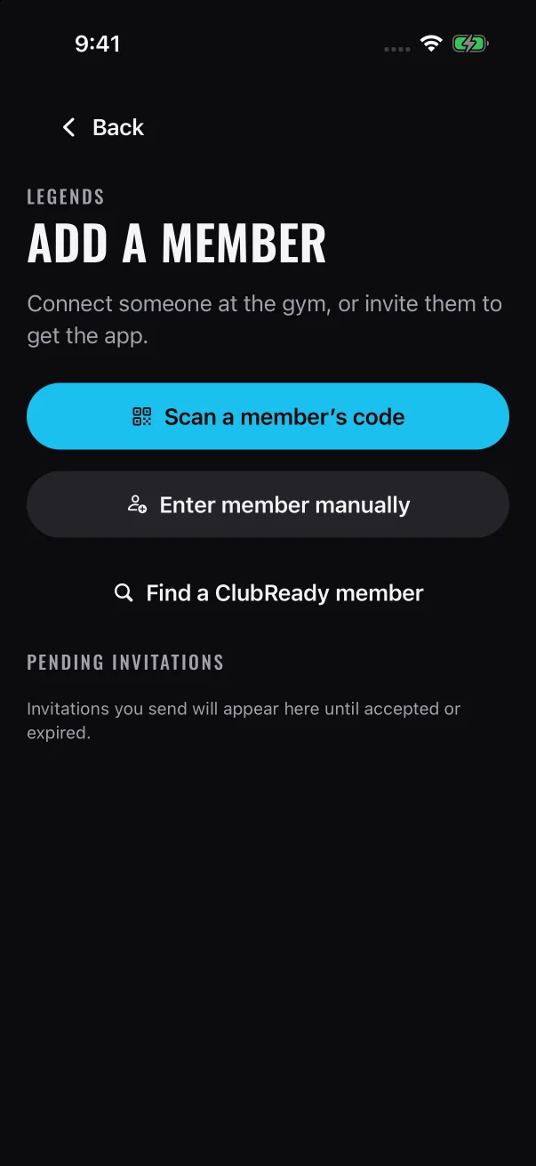 Add a member gives you three ways to connect someone, and lists the invitations you've sent under "Pending invitations".