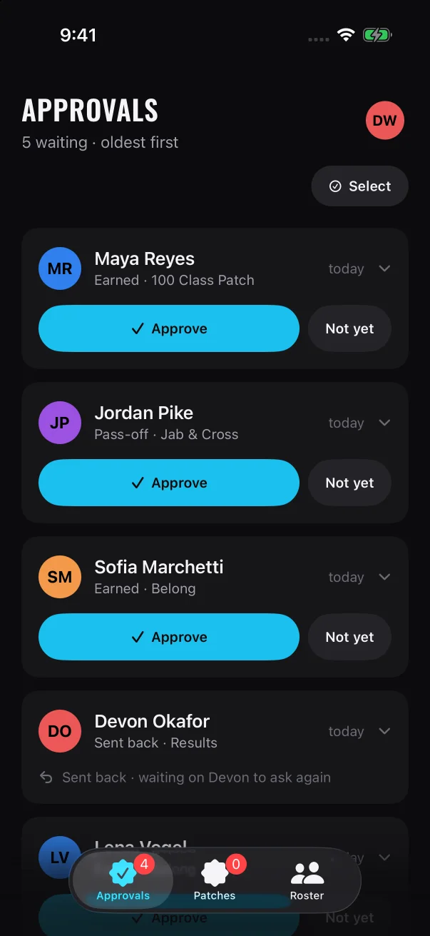 A coach account opens on Approvals, with Patches and Roster in the tab bar.