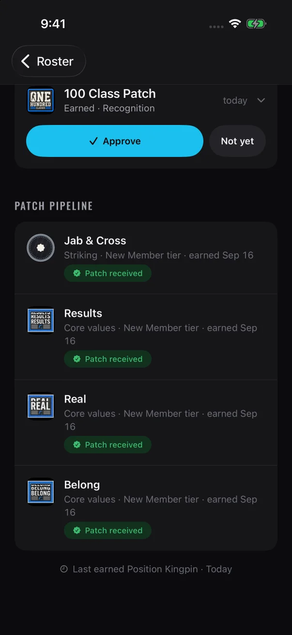 Each patch in the pipeline shows its status, and the last line shows the member's most recent badge.