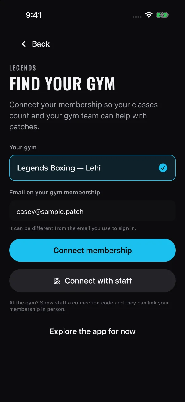 On Find your gym, the member picks your gym, checks their email, and either connects or asks staff to help.
