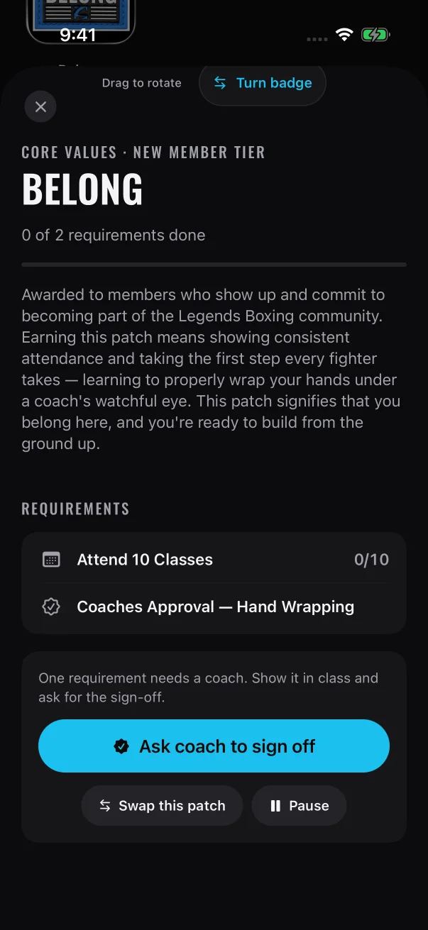 On a member's patch, the seal icon marks the skill a coach signs off, while the class count fills in by itself.
