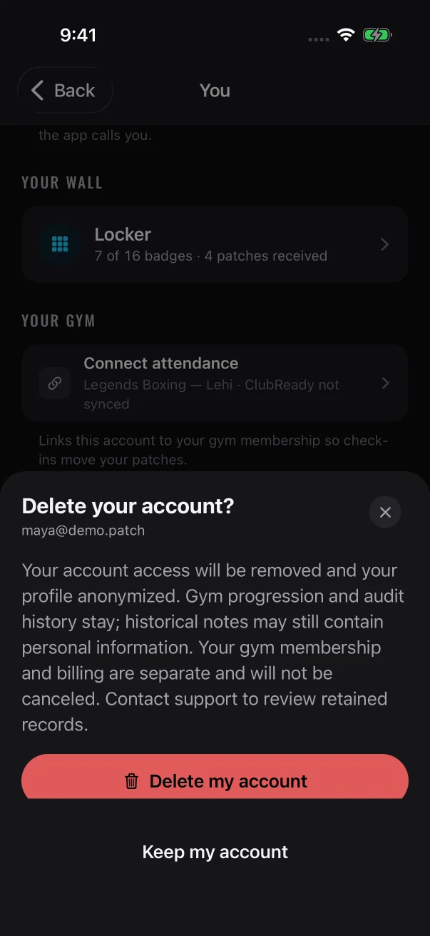 Staff and members get the same sheet (shown here over a member's You screen), and nothing is deleted until you tap Delete my account.